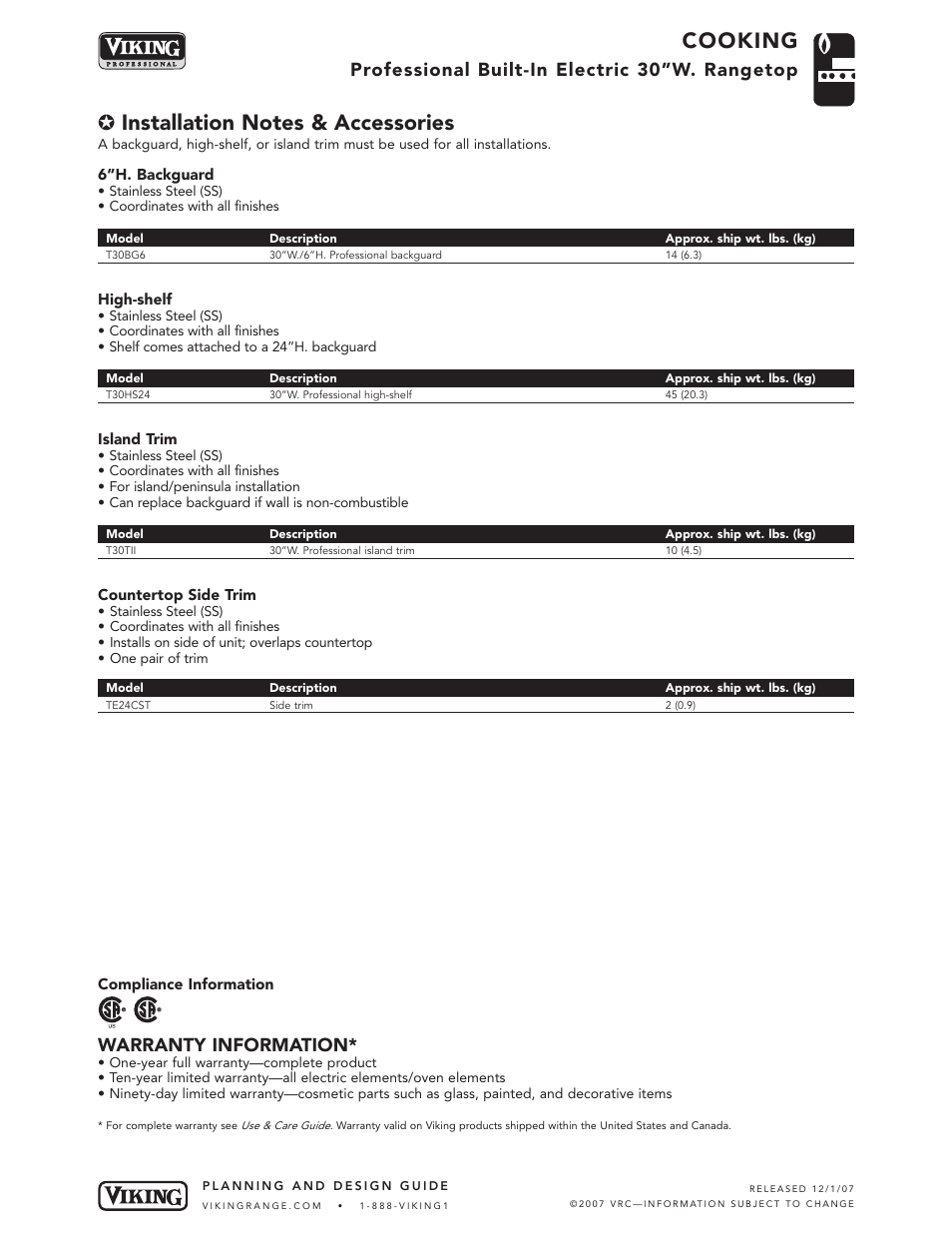 Cooking, Warranty information, Professional built-in electric 30”w. rangetop | Viking VERT301-4B User Manual | Page 5 / 5