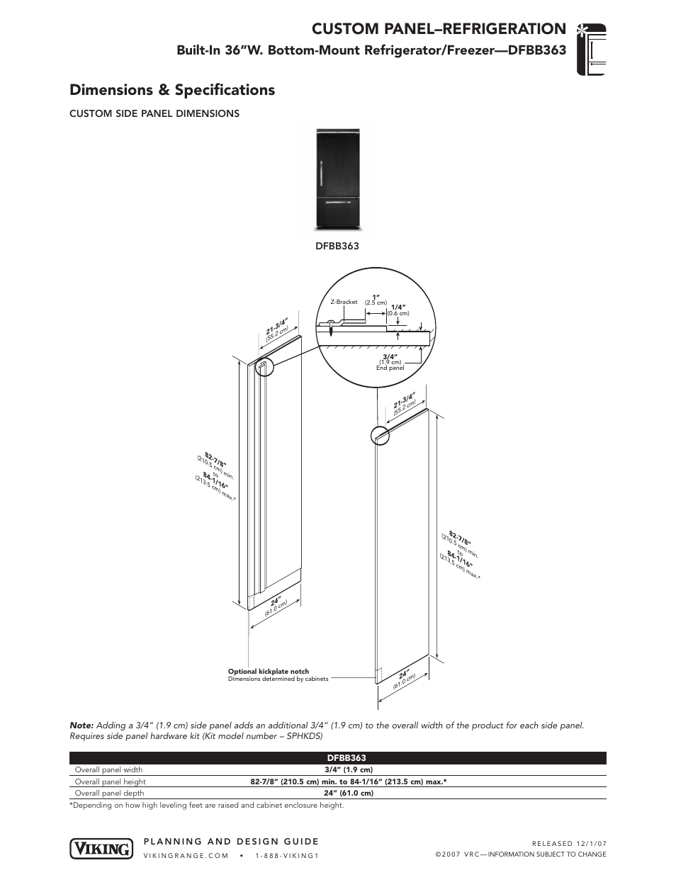 Custom panel–refrigeration, Dimensions & specifications, Custom side panel dimensions | Dfbb363 | Viking DFBB363 User Manual | Page 2 / 4