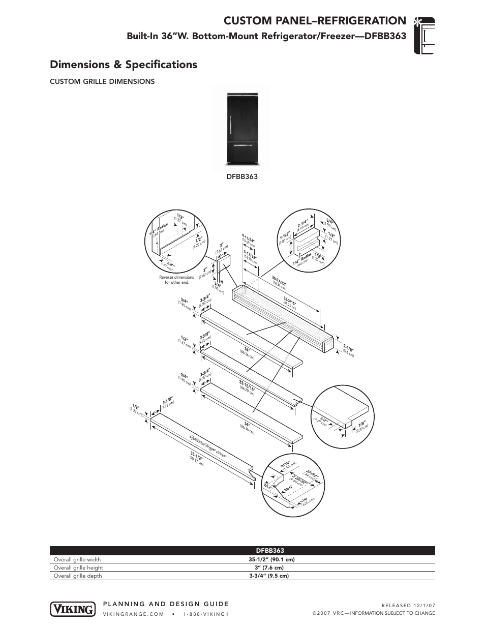 Custom panel–refrigeration, Dimensions & specifications, Custom grille dimensions | Dfbb363 | Viking DFBB363 User Manual | Page 3 / 4