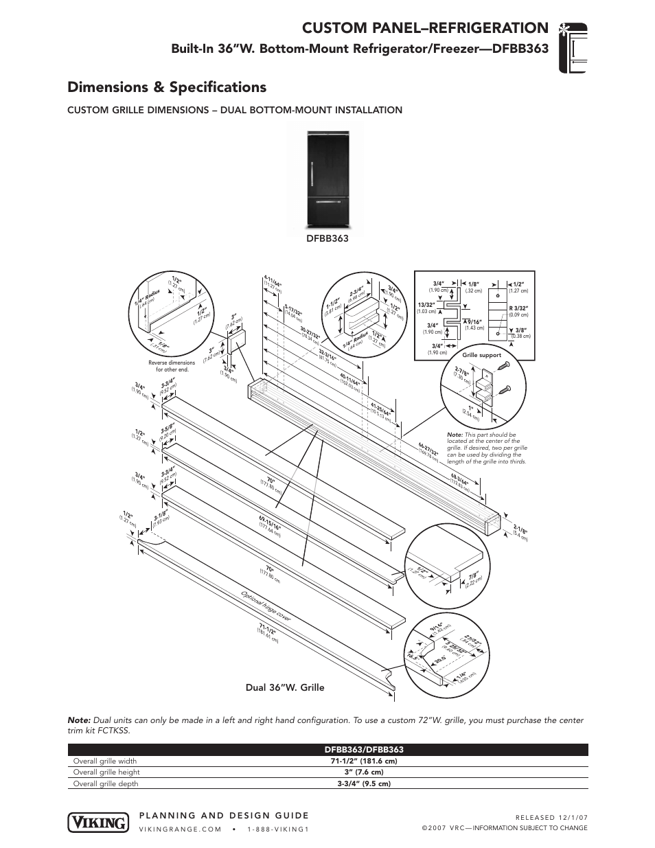 Custom panel–refrigeration, Dimensions & specifications, Dfbb363 | Viking DFBB363 User Manual | Page 4 / 4