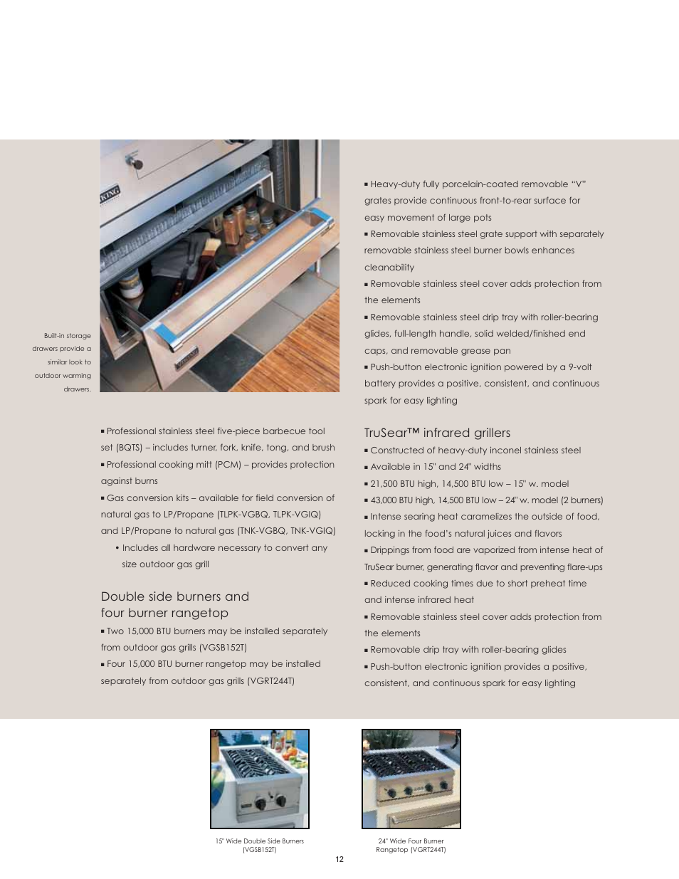 Double side burners and four burner rangetop, Trusear™ infrared grillers | Viking F60112I User Manual | Page 12 / 52