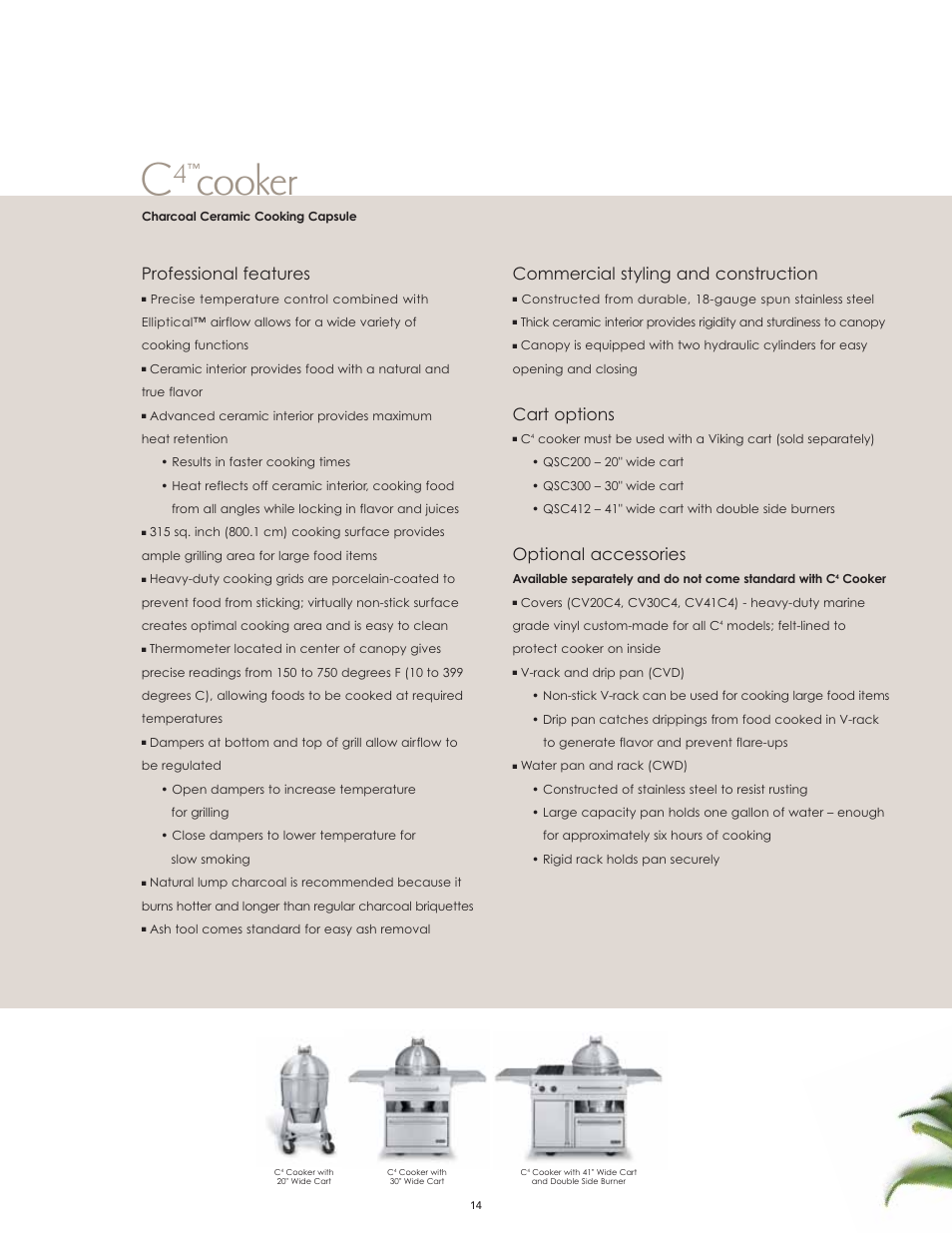 Cooker, Professional features, Commercial styling and construction | Cart options, Optional accessories | Viking F60112I User Manual | Page 14 / 52