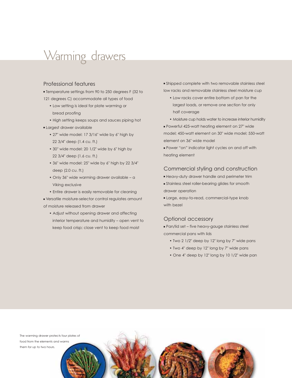 Warming drawers, Professional features, Commercial styling and construction | Optional accessory | Viking F60112I User Manual | Page 20 / 52