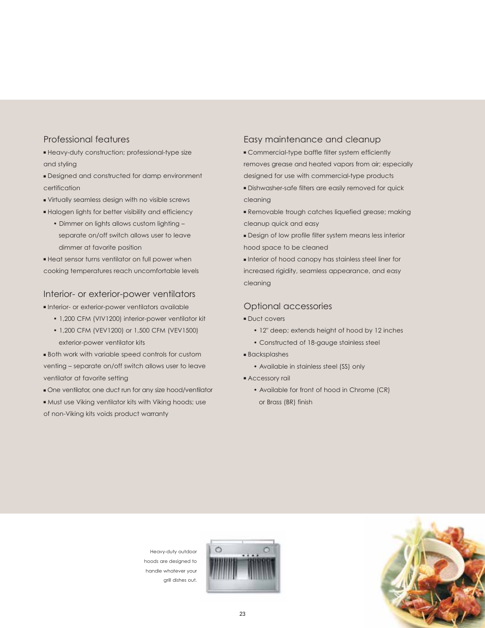 Professional features, Interior- or exterior-power ventilators, Easy maintenance and cleanup | Optional accessories | Viking F60112I User Manual | Page 23 / 52