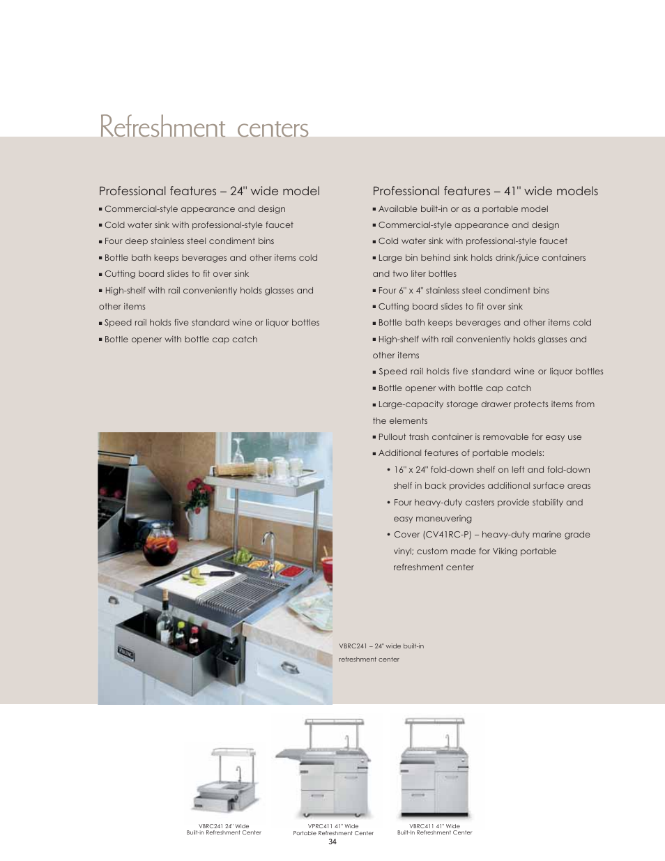 Refreshment centers, Professional features – 24" wide model, Professional features – 41" wide models | Viking F60112I User Manual | Page 34 / 52