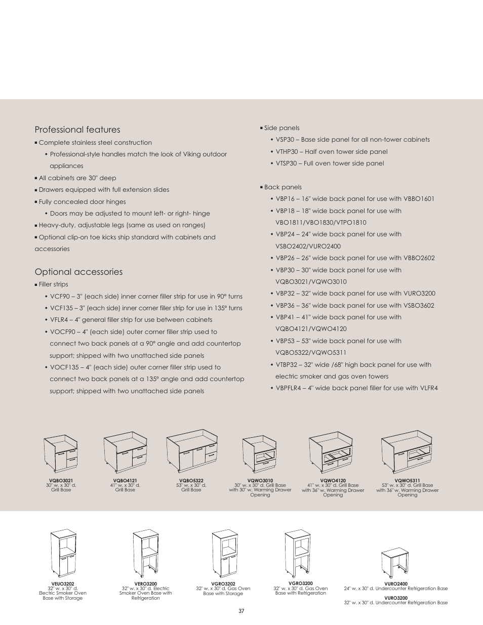 Professional features, Optional accessories | Viking F60112I User Manual | Page 37 / 52