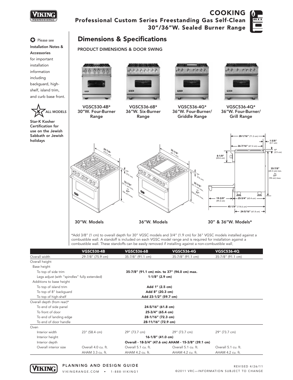 Cooking, Dimensions & specifications, Product dimensions & door swing | 30” & 36”w. models | Viking VGSC530-4B* User Manual | Page 2 / 6