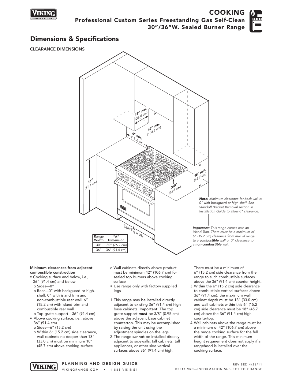 Cooking, Dimensions & specifications | Viking VGSC530-4B* User Manual | Page 3 / 6