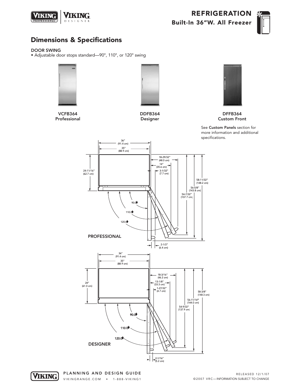 Refrigeration, Dimensions & specifications, Built-in 36”w. all freezer | Dffb364 custom front, Professional designer | Viking VCFB364 User Manual | Page 3 / 9