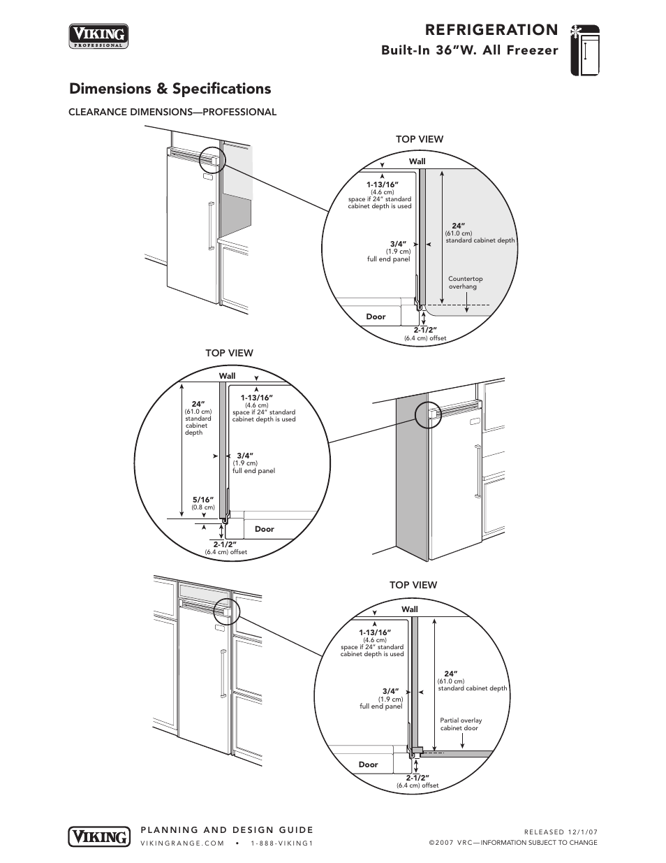 Refrigeration, Dimensions & specifications, Built-in 36”w. all freezer | Viking VCFB364 User Manual | Page 4 / 9