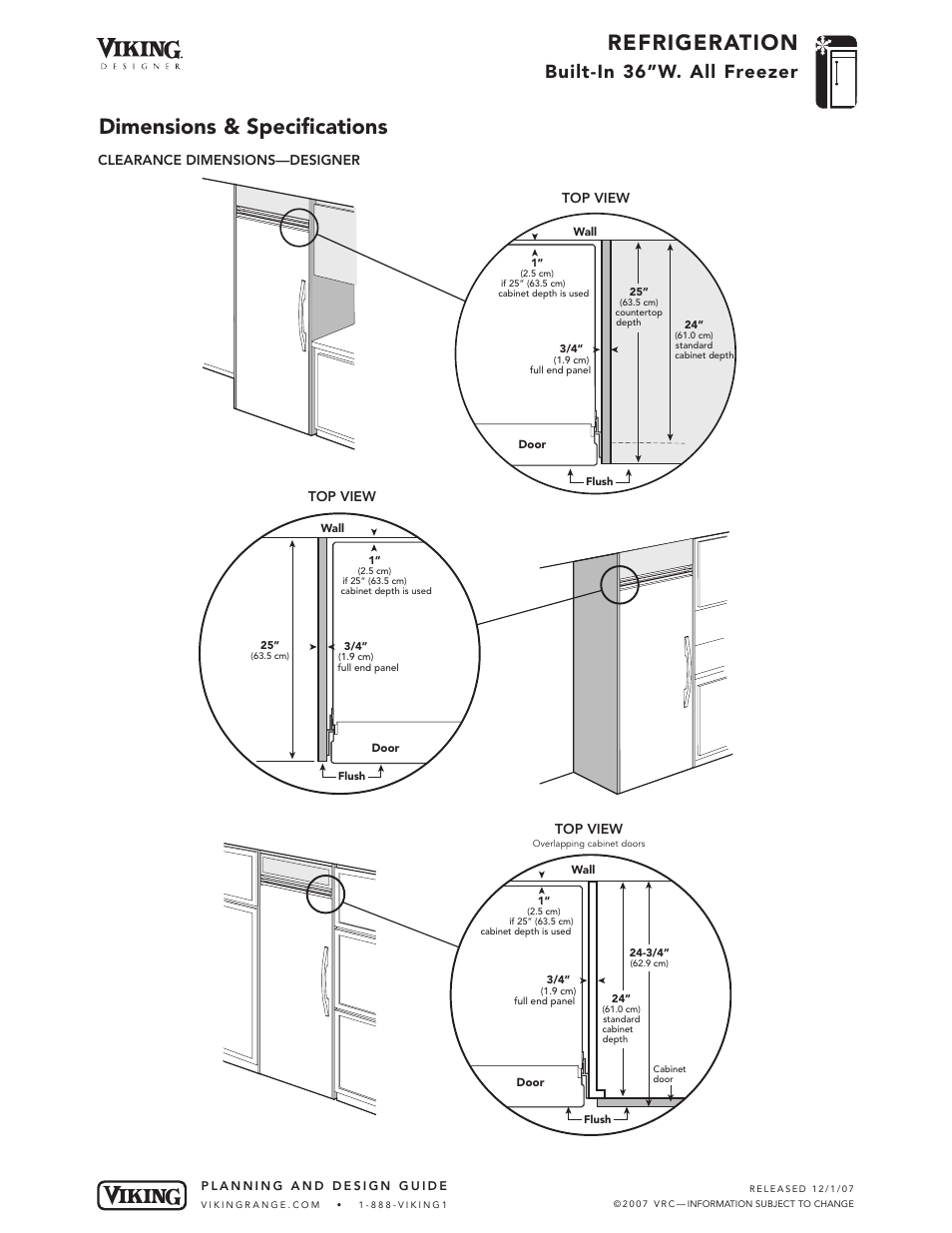 Refrigeration, Dimensions & specifications, Built-in 36”w. all freezer | Viking VCFB364 User Manual | Page 5 / 9