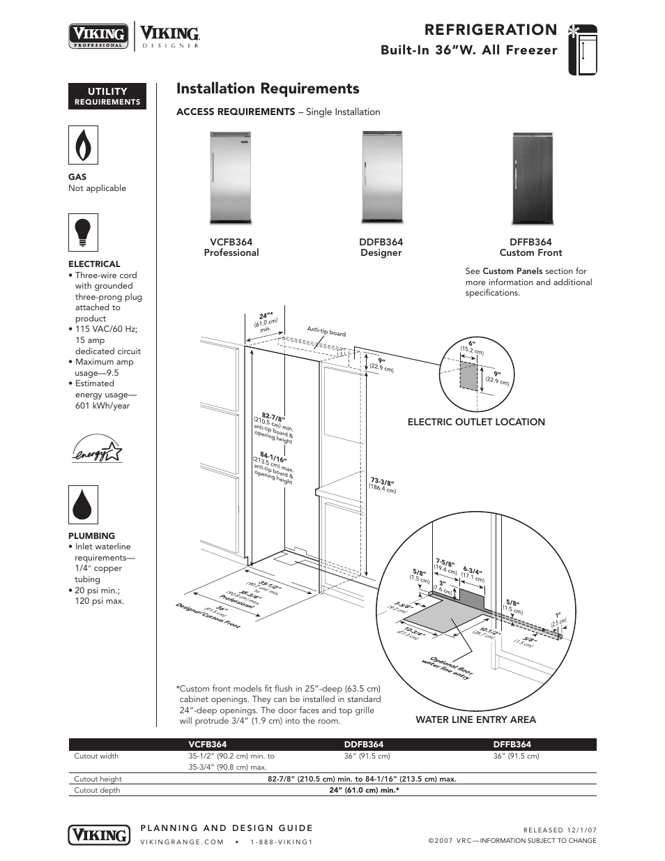 Refrigeration, Installation requirements, Built-in 36”w. all freezer | Utility, Access requirements – single installation | Viking VCFB364 User Manual | Page 6 / 9
