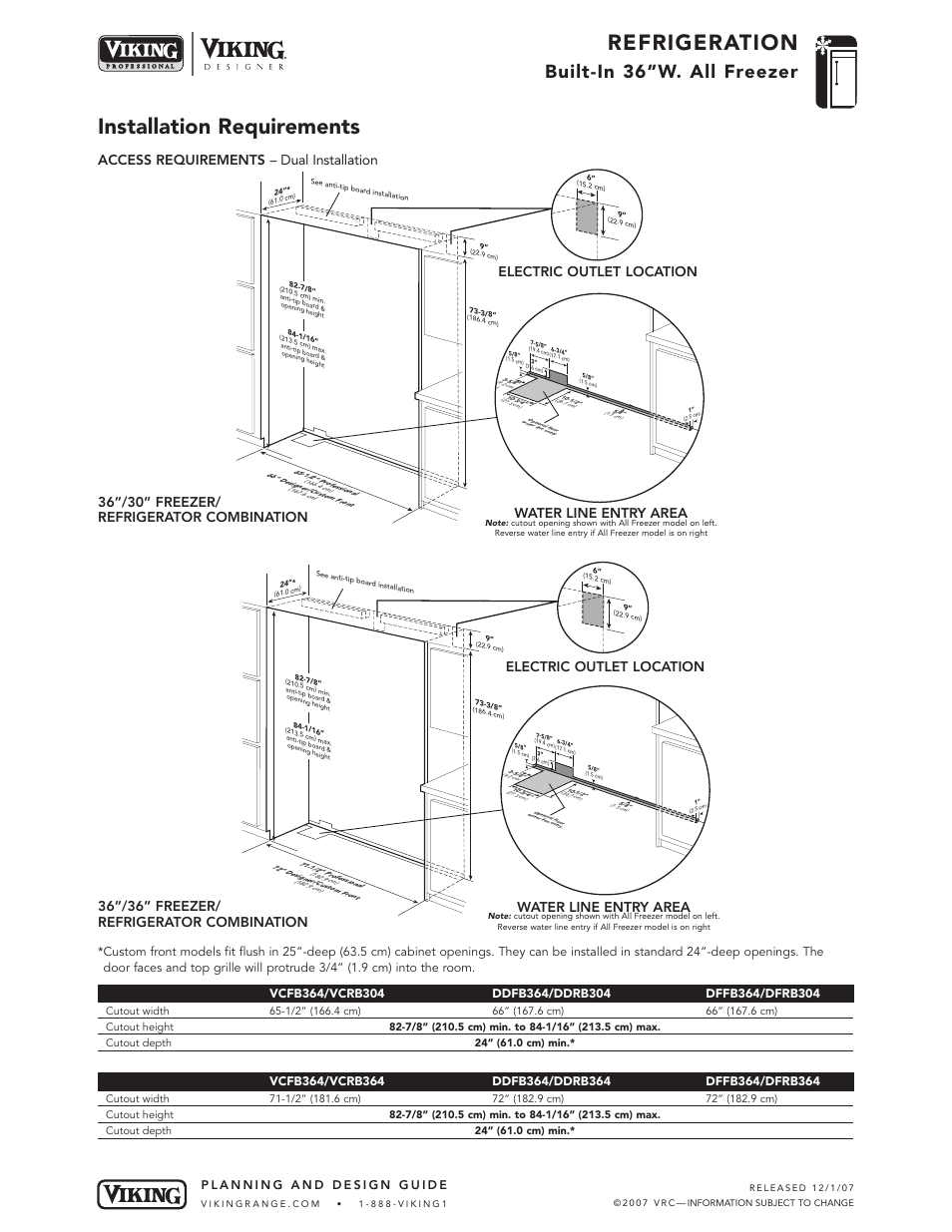 Refrigeration, Installation requirements, Built-in 36”w. all freezer | Electric outlet location water line entry area, Access requirements – dual installation | Viking VCFB364 User Manual | Page 7 / 9