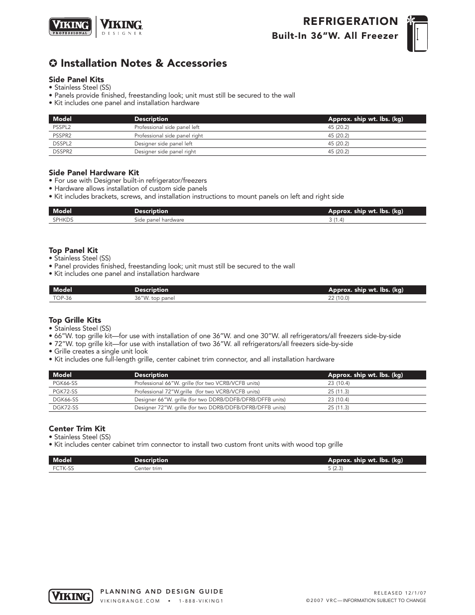 Refrigeration, Built-in 36”w. all freezer | Viking VCFB364 User Manual | Page 8 / 9