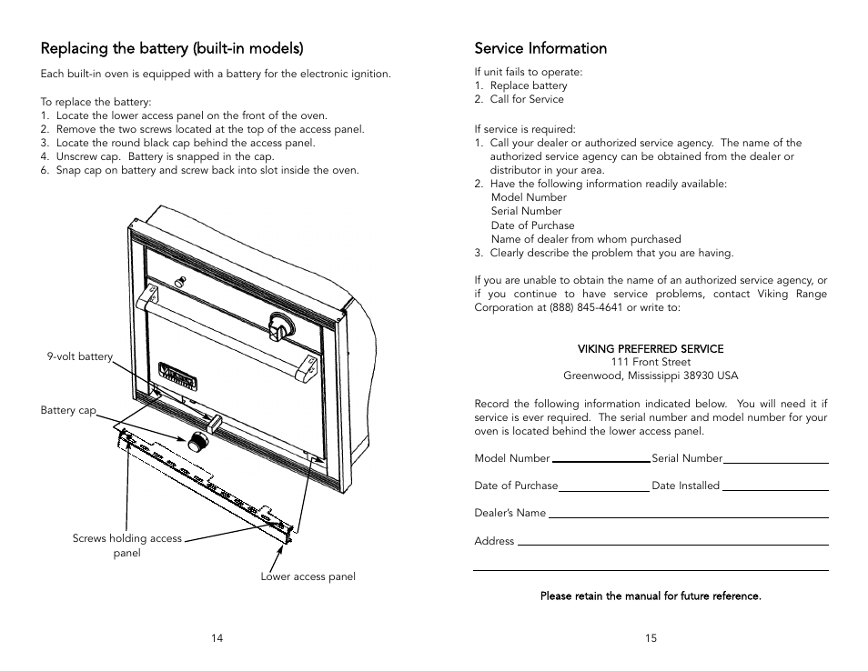 Service information, Replacing the battery (built-in models) | Viking F20288 User Manual | Page 8 / 10