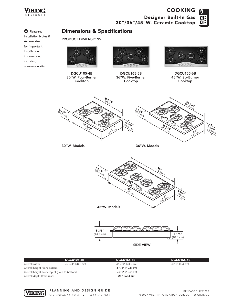 Cooking, Dimensions & specifications | Viking DGCU105-4B User Manual | Page 2 / 5