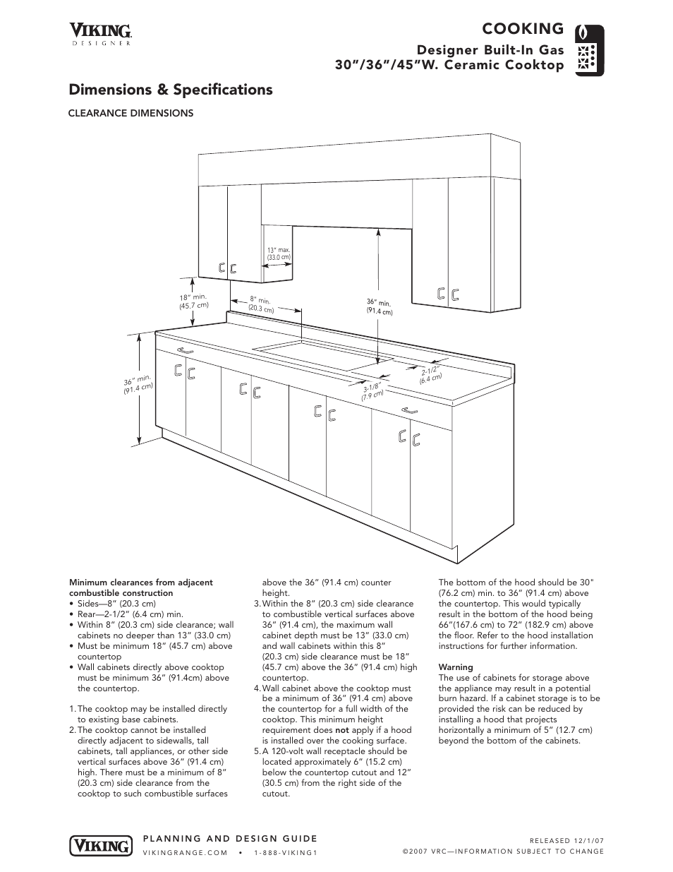 Cooking, Dimensions & specifications | Viking DGCU105-4B User Manual | Page 3 / 5