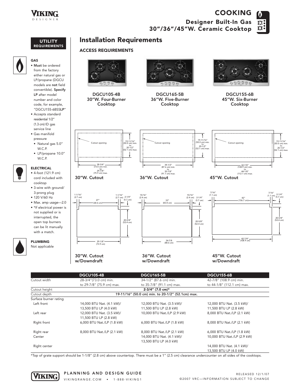 Cooking, Installation requirements, Utility | Access requirements | Viking DGCU105-4B User Manual | Page 4 / 5