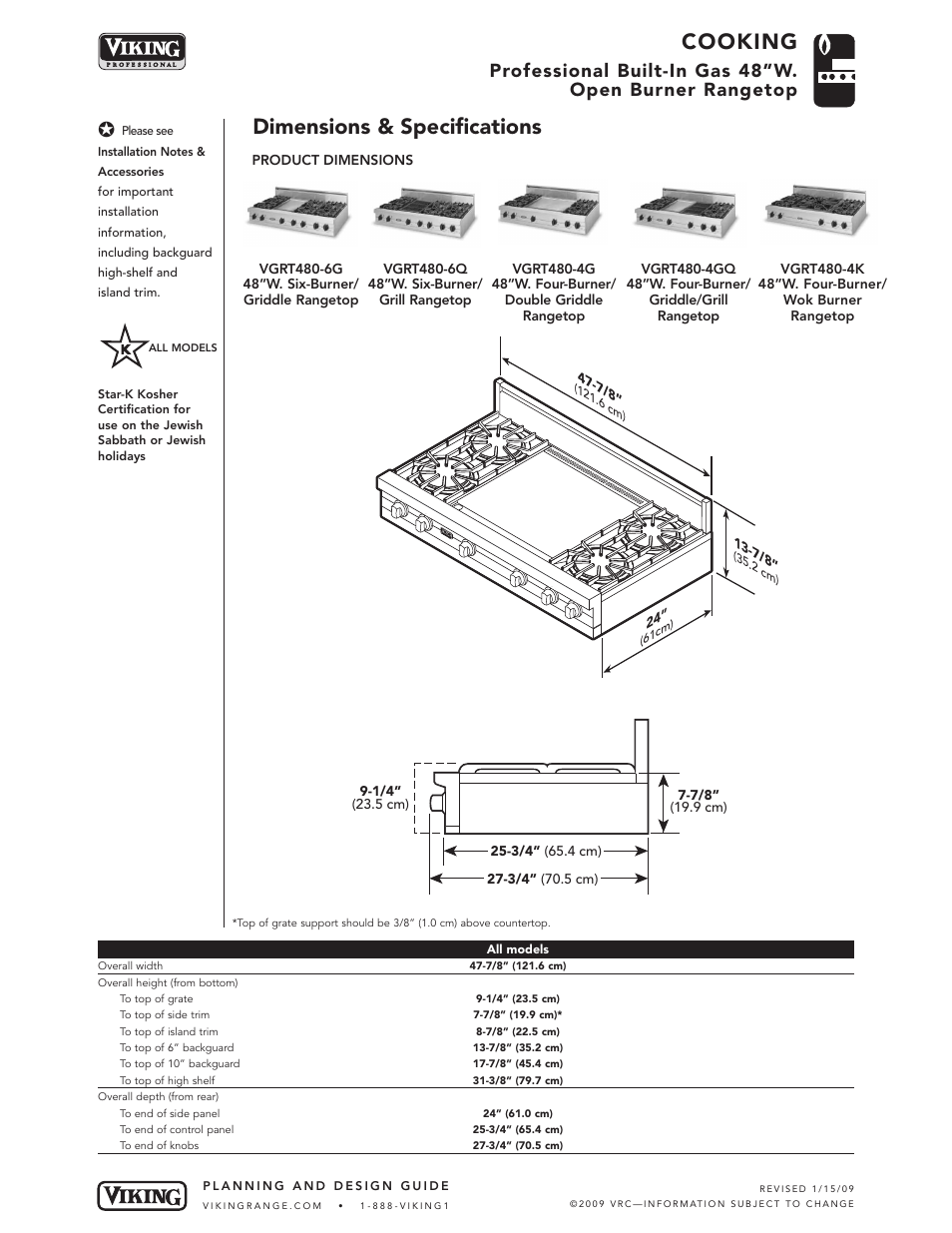 Cooking, Dimensions & specifications | Viking VGRT480-6G User Manual | Page 3 / 6