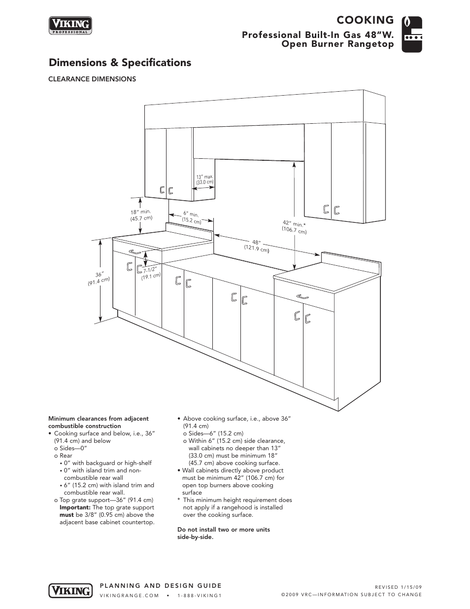 Cooking, Dimensions & specifications | Viking VGRT480-6G User Manual | Page 4 / 6