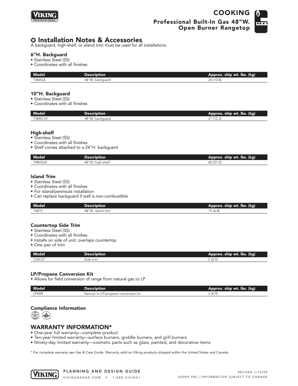 Cooking, Warranty information | Viking VGRT480-6G User Manual | Page 6 / 6