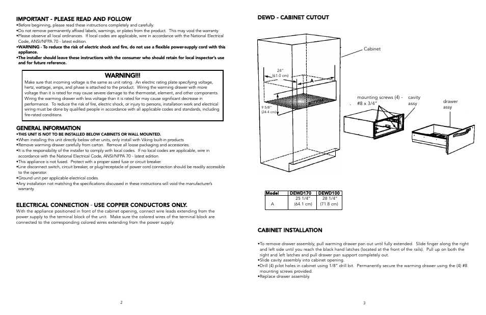 Warning, Dewd - cabinet cutout, Cabinet installation | Important - please read and follow, General information, Electrical connection - use copper conductors only | Viking F20022J EN User Manual | Page 2 / 4