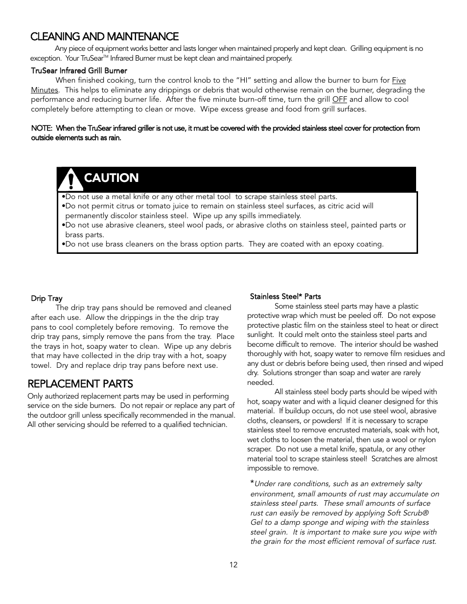 Caution, Rre ep plla ac ce em me en nt t p pa ar rt ts s | Viking TruSearTM User Manual | Page 12 / 16