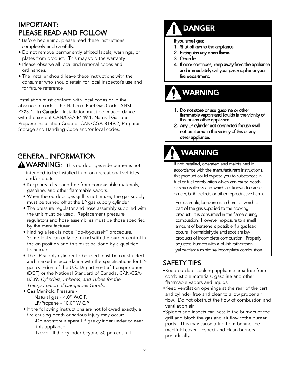 Danger warning warning, Wwa ar rn niin ng g, Ssa af fe et ty y t tiip ps s | Viking TruSearTM User Manual | Page 2 / 16