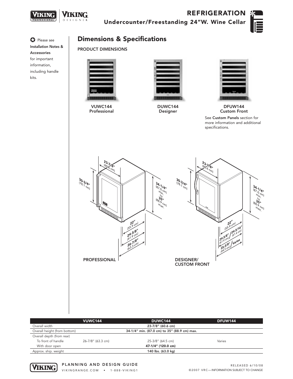 Refrigeration, Dimensions & specifications, Undercounter/freestanding 24”w. wine cellar | Viking DUWC!44 User Manual | Page 2 / 5