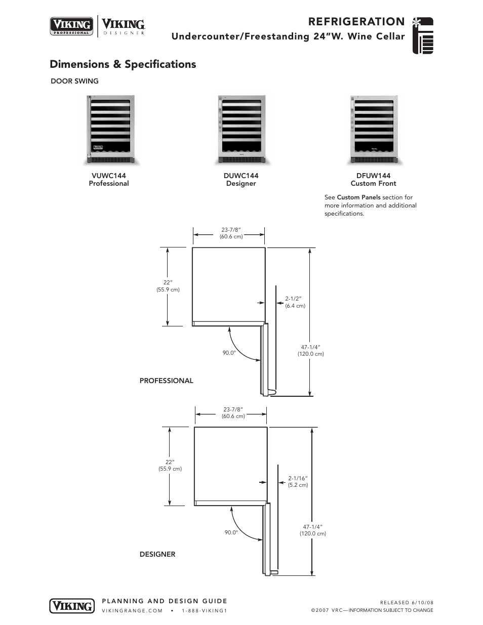 Refrigeration, Dimensions & specifications, Undercounter/freestanding 24”w. wine cellar | Viking DUWC!44 User Manual | Page 3 / 5