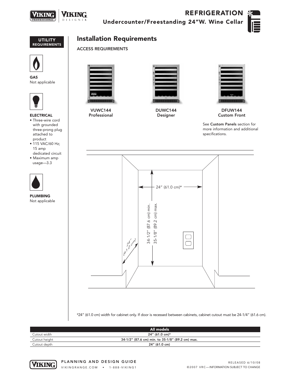 Refrigeration, Installation requirements, Undercounter/freestanding 24”w. wine cellar | Viking DUWC!44 User Manual | Page 4 / 5