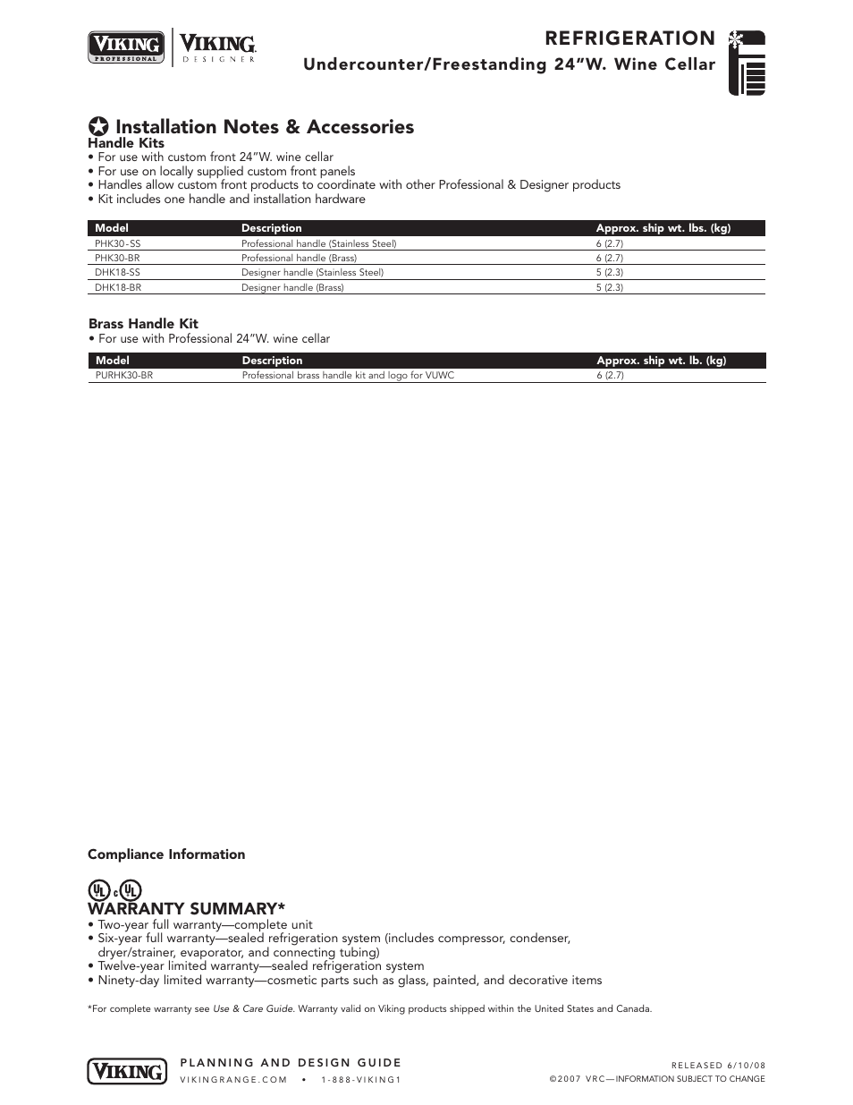 Refrigeration, Undercounter/freestanding 24”w. wine cellar, Warranty summary | Viking DUWC!44 User Manual | Page 5 / 5