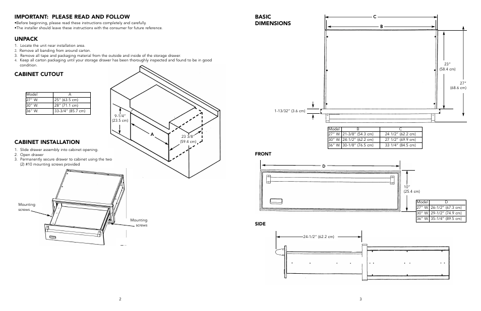 Basic dimensions, Important: please read and follow, Unpack | Cabinet cutout cabinet installation | Viking 30-inch W User Manual | Page 2 / 4