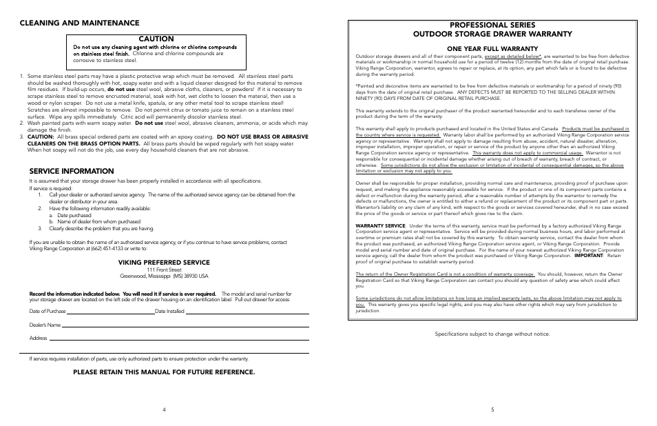 Caution, Cleaning and maintenance, Service information | Viking 30-inch W User Manual | Page 3 / 4