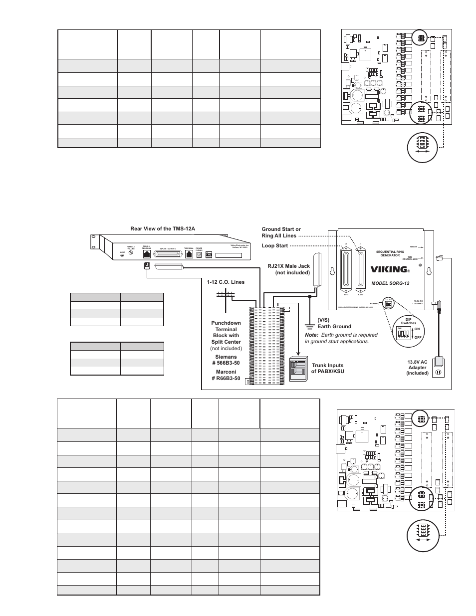 Viking, B. installing the sqrg-12 with the tms-12a, Wiring table for the tms-6x | Wiring, Wiring table for the tms-12a, Row 1 loop/ground start c.o. lines, Row 2 tms-6x, Row 3 sqrg-12 pin, color, Row 4 open row 5 sqrg-12 pin, color, Row 6 loop/ground start c.o. lines | Viking SQRG-12 User Manual | Page 3 / 4