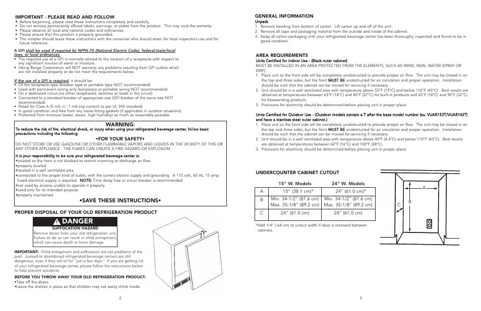 Danger, Warning, Save these instructions | Viking F20497 User Manual | Page 2 / 12