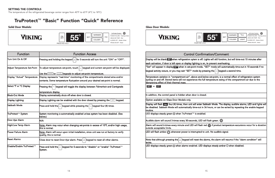 Truprotect, Basic” function “quick” reference | Viking F20497 User Manual | Page 8 / 12