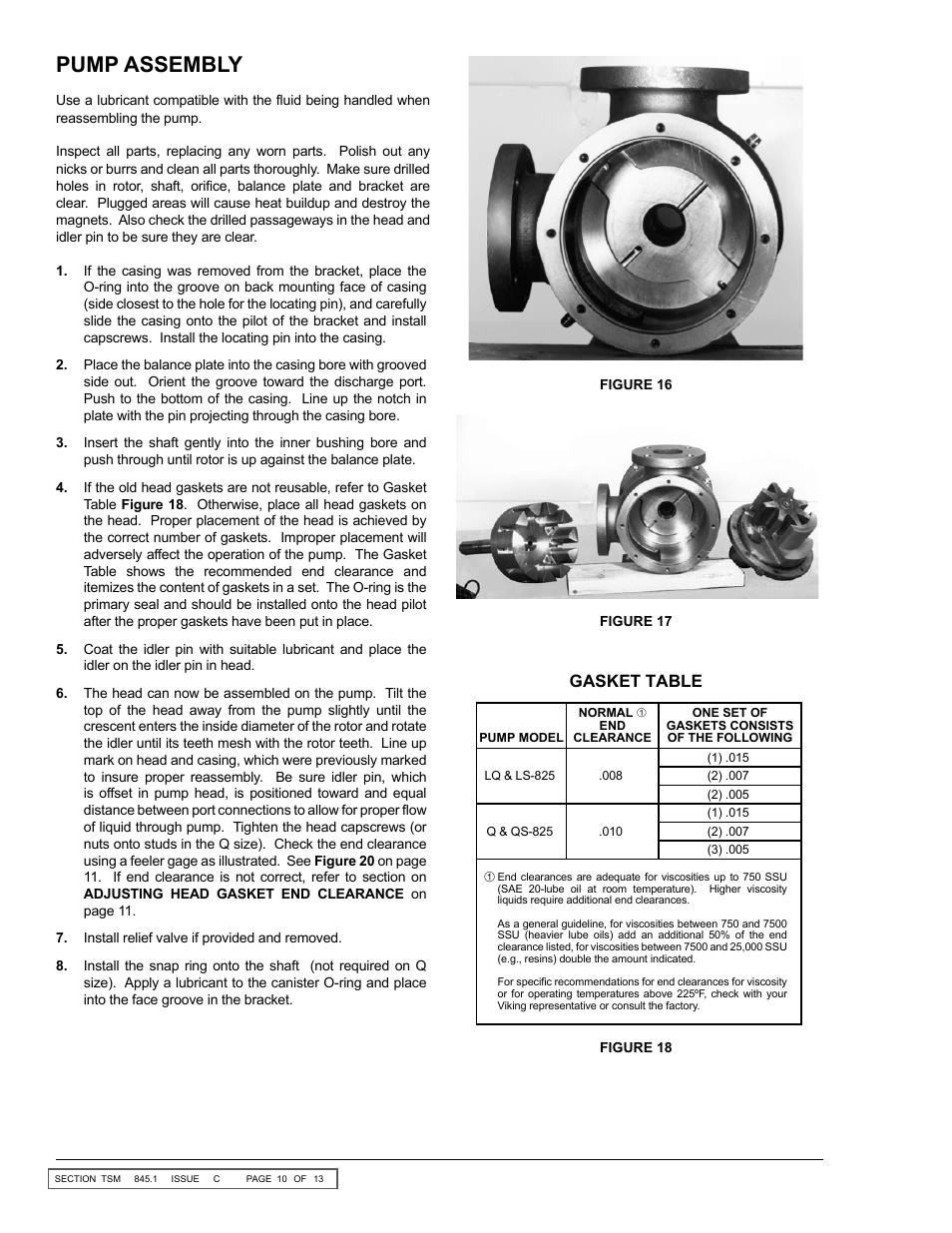 Pump assembly, Gasket table | Viking 823 User Manual | Page 10 / 13