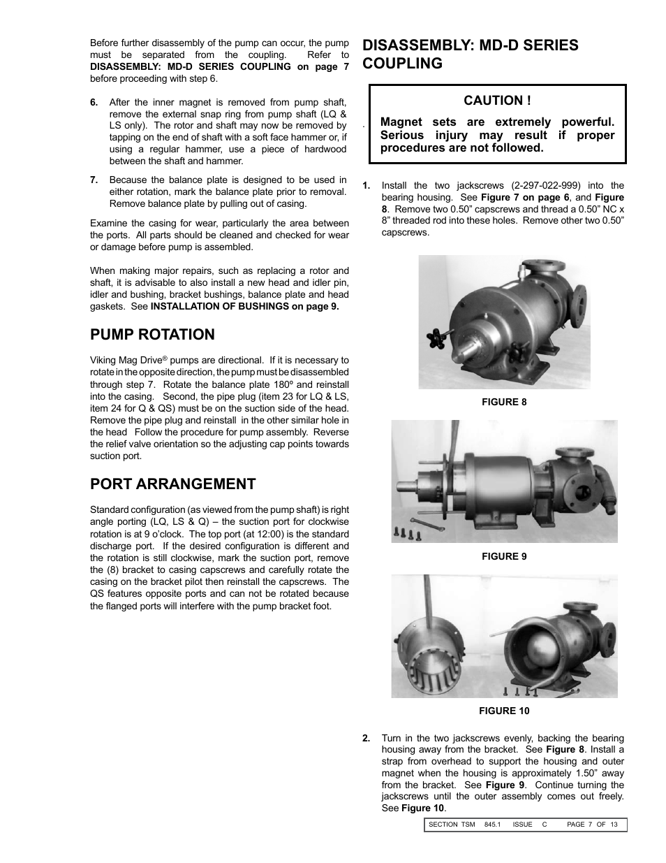 Pump rotation, Port arrangement, Disassembly: md-d series coupling | Caution | Viking 823 User Manual | Page 7 / 13