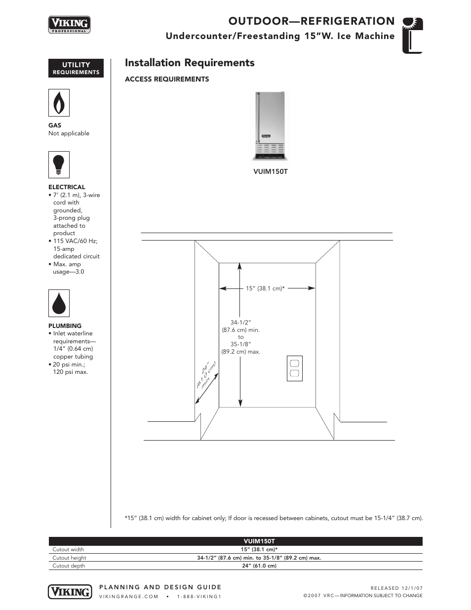 Outdoor—refrigeration, Installation requirements, Undercounter/freestanding 15”w. ice machine | Viking VUIM150T User Manual | Page 3 / 4