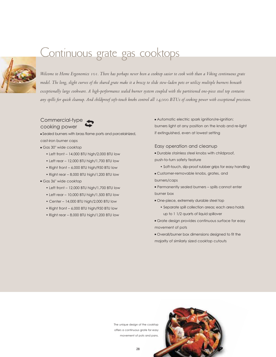 Continuous grate gas cooktops, Commercial-type cooking power | Viking F60066H User Manual | Page 28 / 52