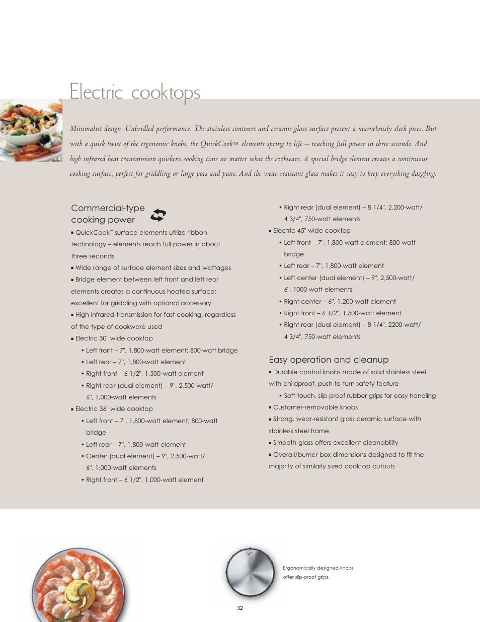 Electric cooktops, Easy operation and cleanup, Commercial-type cooking power | Viking F60066H User Manual | Page 32 / 52