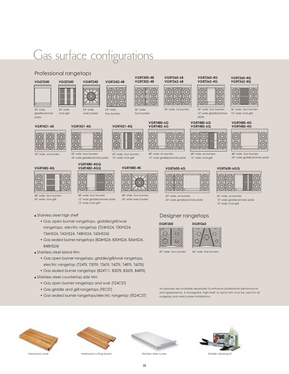 Gas surface configurations, Professional rangetops, Designer rangetops | Viking F60066H User Manual | Page 35 / 52