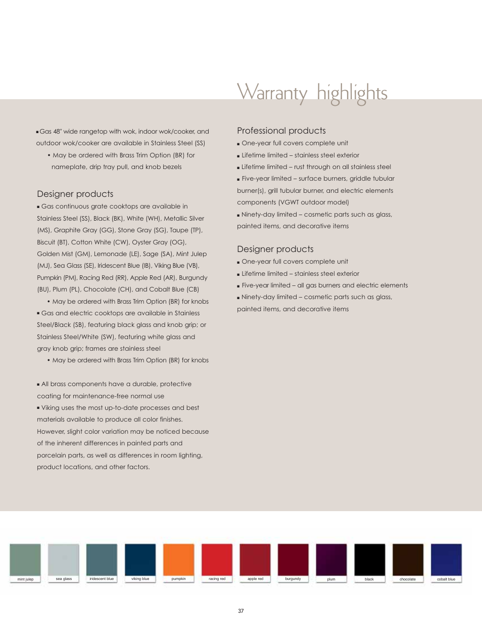 Warranty highlights, Designer products, Professional products | Viking F60066H User Manual | Page 37 / 52