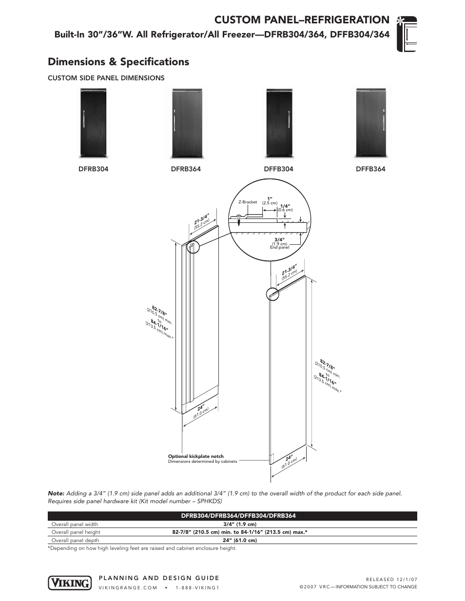 Custom panel–refrigeration, Dimensions & specifications, Custom side panel dimensions | Viking FRB304 User Manual | Page 2 / 7