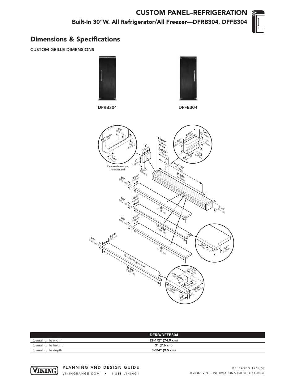 Custom panel–refrigeration, Dimensions & specifications, Custom grille dimensions | Dfrb/dffb304 | Viking FRB304 User Manual | Page 3 / 7