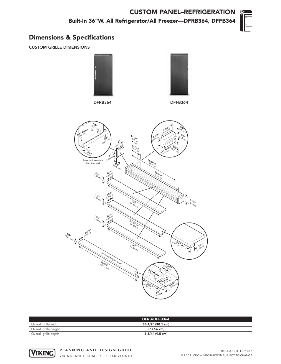 Custom panel–refrigeration, Dimensions & specifications, Custom grille dimensions | Dfrb/dffb364 | Viking FRB304 User Manual | Page 5 / 7