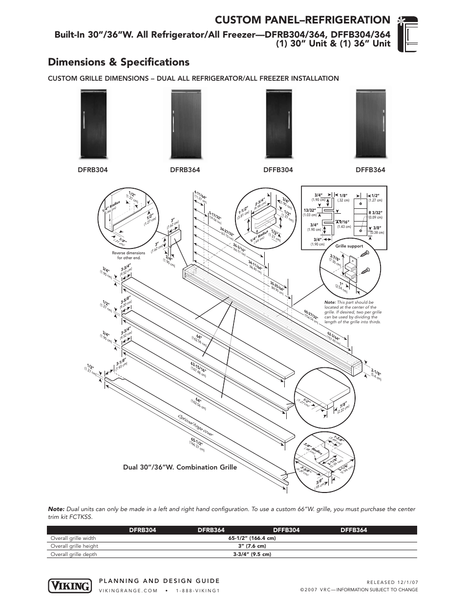 Custom panel–refrigeration, Dimensions & specifications, Dual 30”/36”w. combination grille | Viking FRB304 User Manual | Page 6 / 7