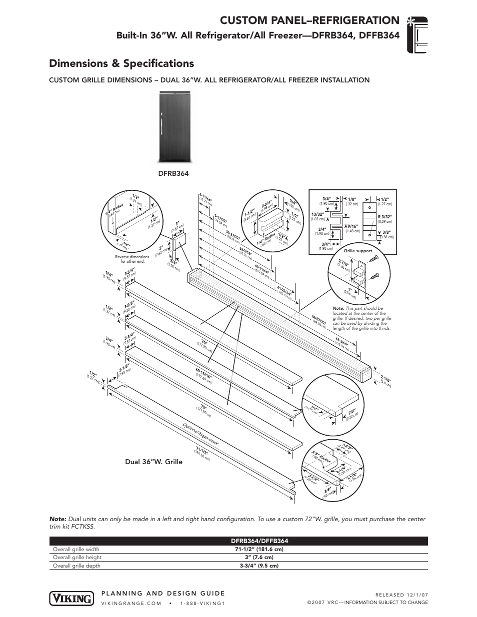 Custom panel–refrigeration, Dimensions & specifications, Dfrb364 | Dual 36”w. grille | Viking FRB304 User Manual | Page 7 / 7