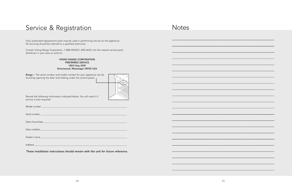 Service & registration, Performance checklist service & registration, Serial number | Date of purchase, Date installed, Dealer's name, Address | Viking F20508 User Manual | Page 12 / 12
